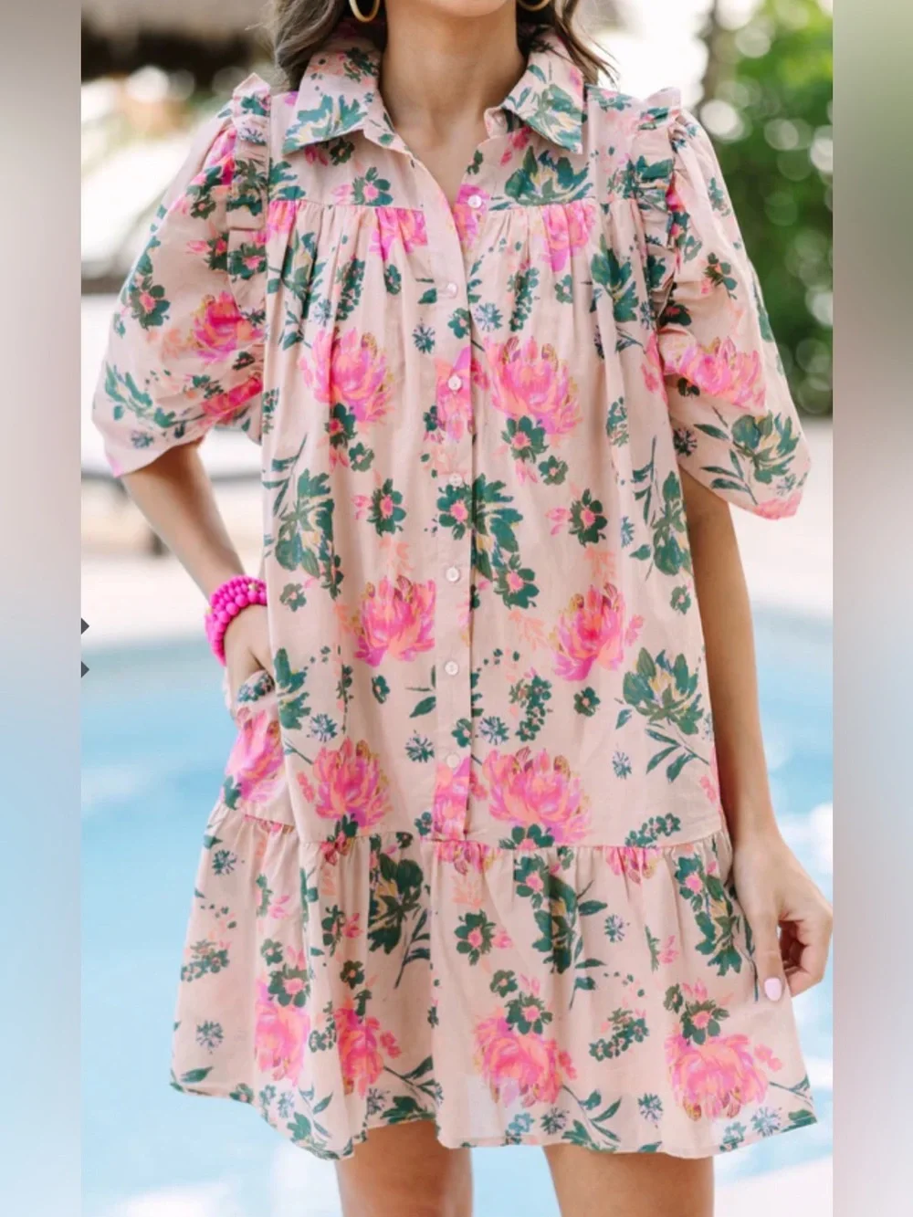 entro Pink Floral Button-Down Mini Dress - Picture 3 of 9
